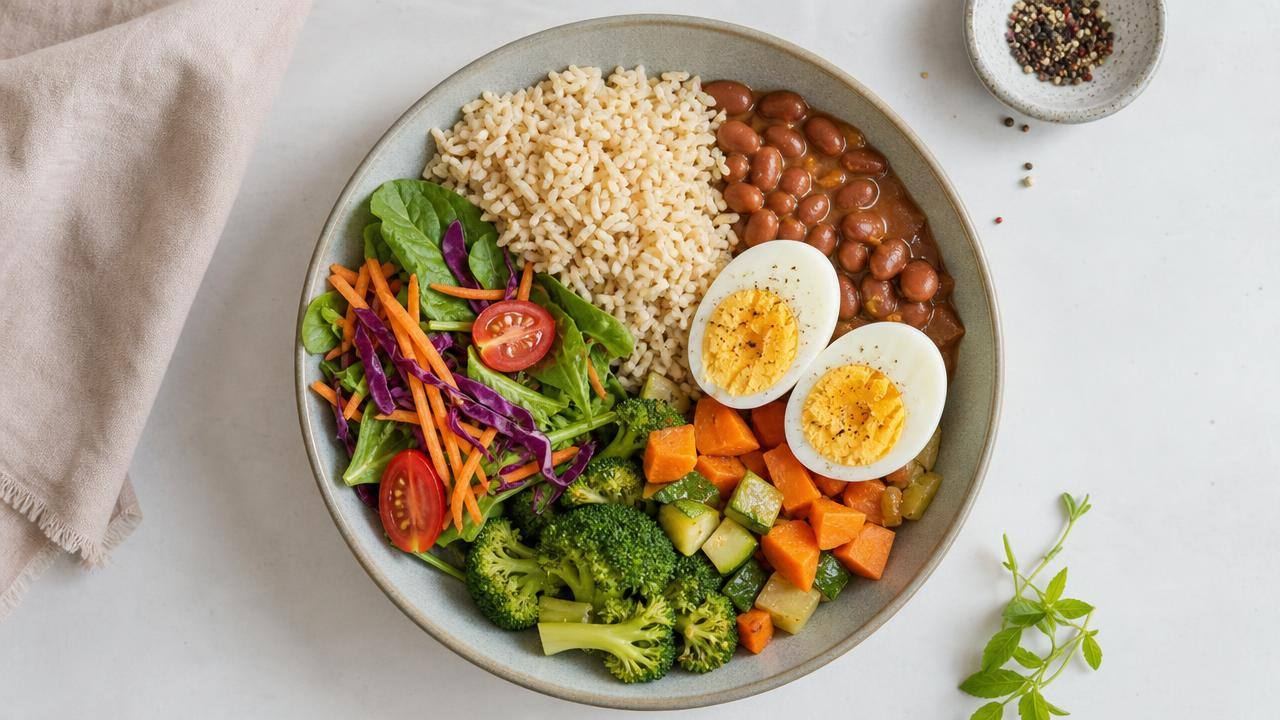 Prato equilibrado com ovos cozidos, salada colorida, feijão e arroz integral em mesa clara