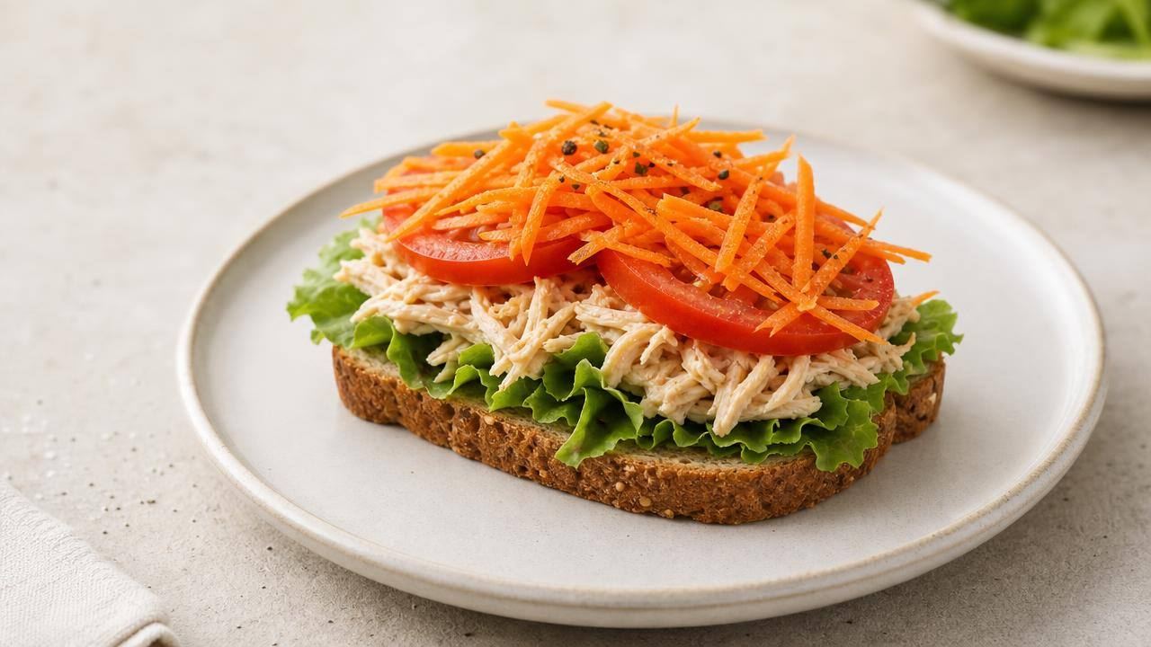 Sanduíche equilibrado com pão integral, frango desfiado, folhas verdes e tomate em prato claro