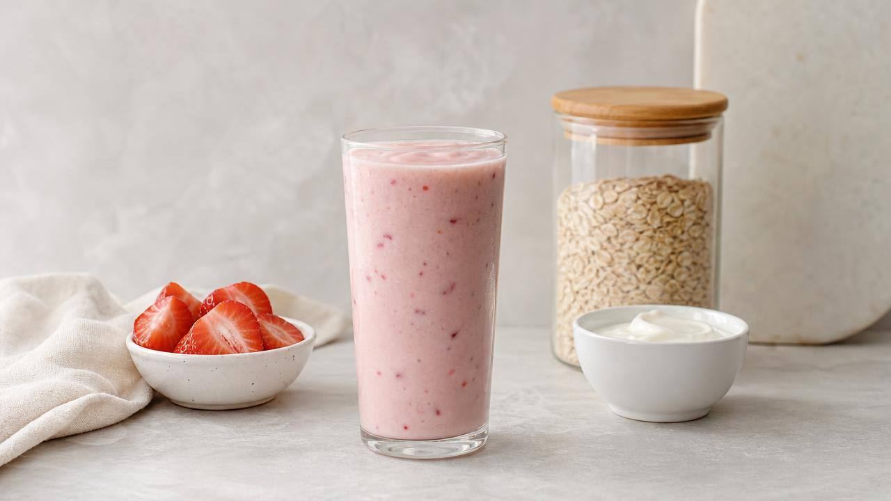 Copo de shake caseiro com fruta, aveia e iogurte sobre uma bancada clara