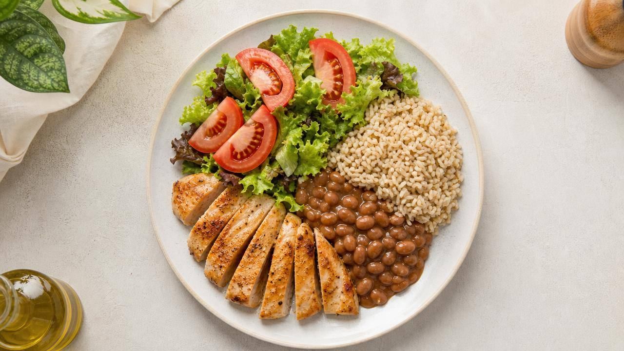 Prato equilibrado com salada de tomate, arroz integral, feijão e frango grelhado