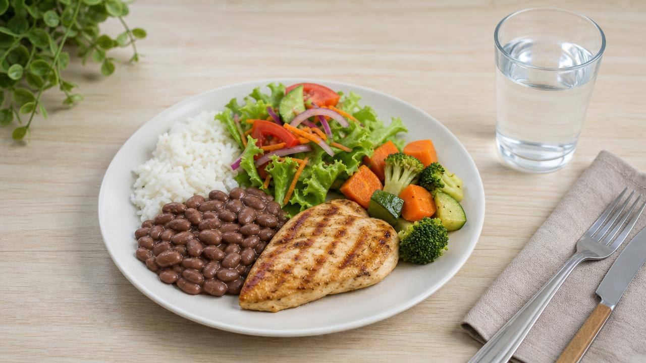 Prato equilibrado com legumes, proteína magra, feijão e arroz em porção moderada, representando alimentação planejada para emagrecimento