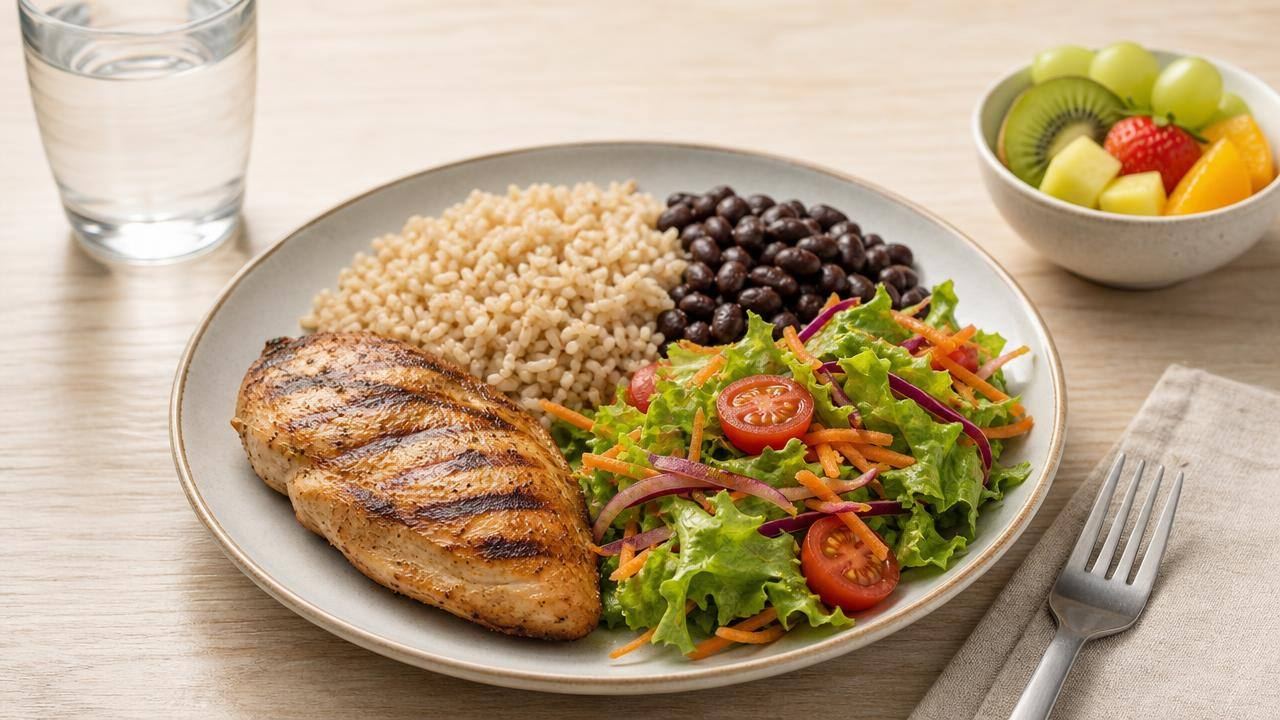 Prato equilibrado com arroz integral, feijão, frango grelhado, salada e frutas frescas