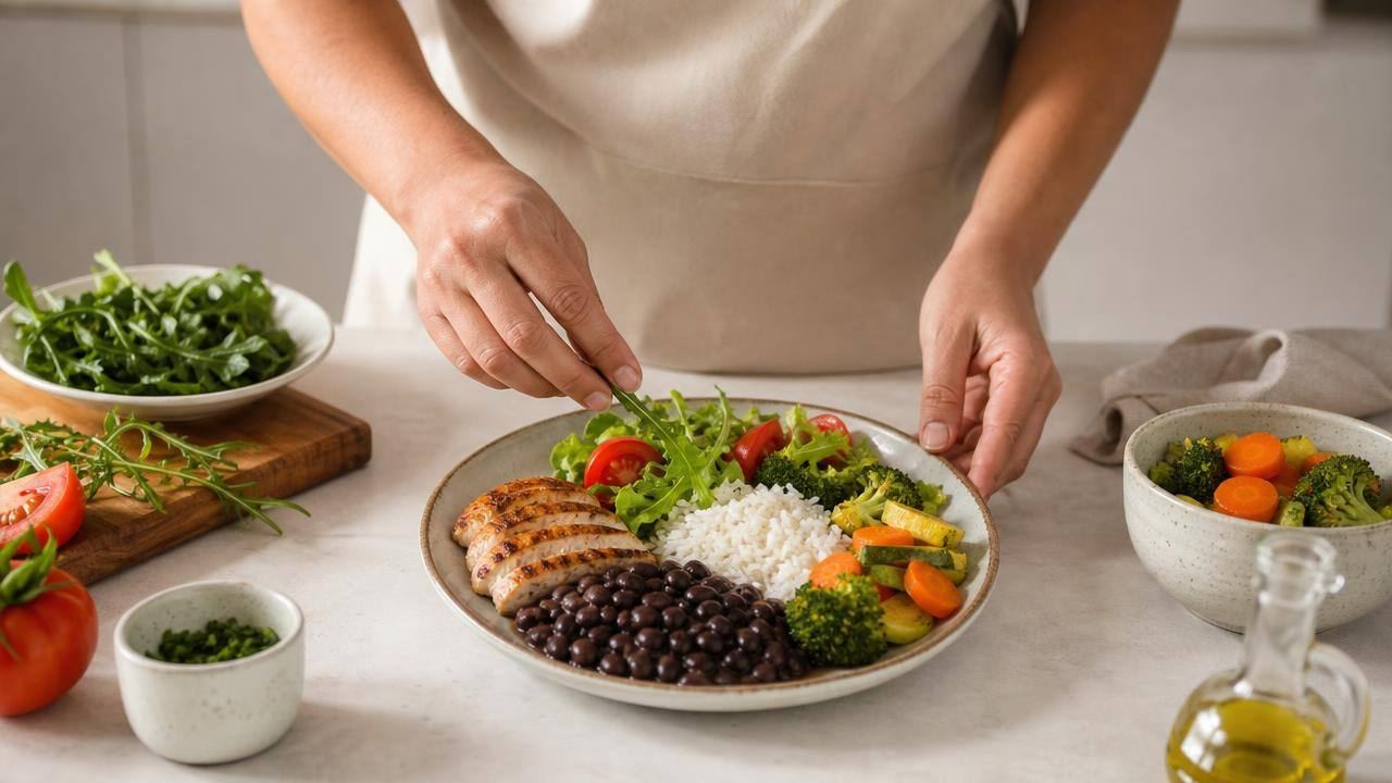 Pessoa montando um prato equilibrado com arroz, feijão, legumes e salada em uma cozinha clara