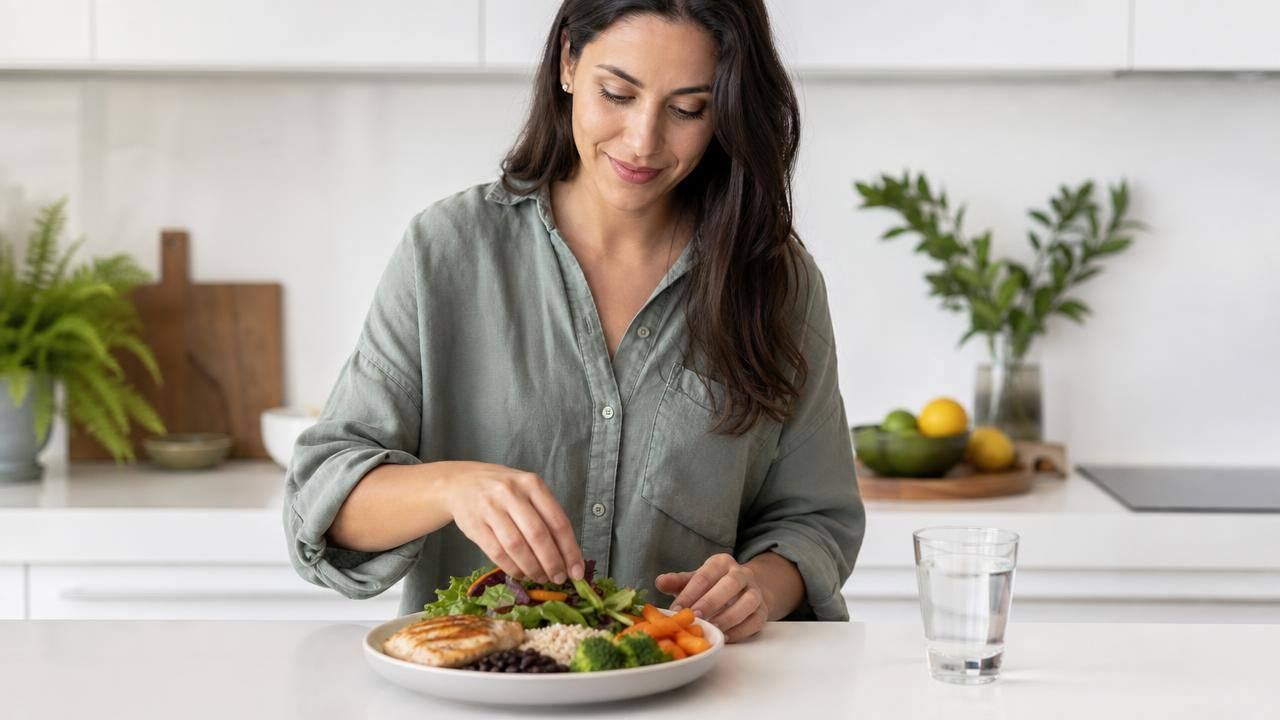Pessoa organizando uma refeição equilibrada com vegetais, grãos e água em uma mesa clara
