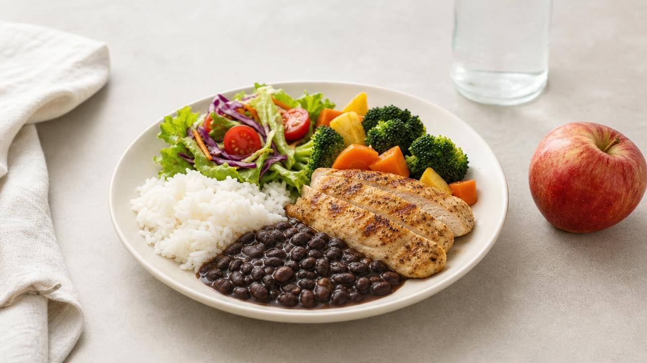 Refeição fitness equilibrada com arroz, feijão, frango, legumes e frutas em uma mesa clara