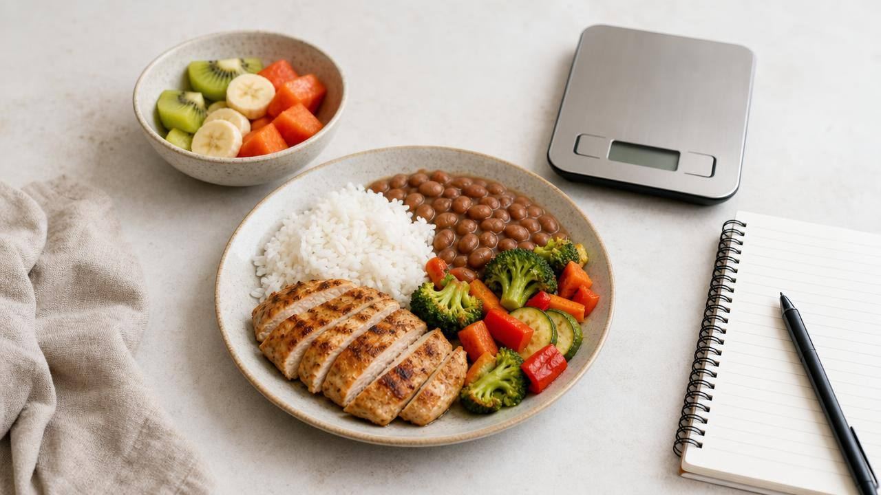 Prato equilibrado com arroz, feijão, legumes, frango e frutas ao lado de um caderno de planejamento alimentar
