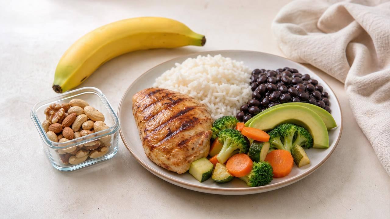 Prato equilibrado para dieta hipercalórica com arroz, feijão, frango, abacate, castanhas e frutas
