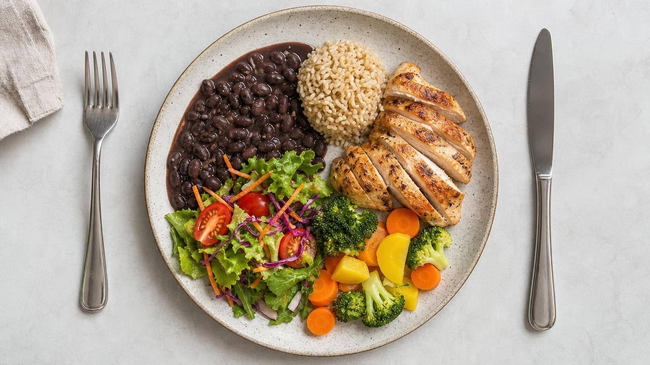 Prato brasileiro equilibrado com arroz, feijão, salada, legumes e frango grelhado para ilustrar dieta hipocalórica