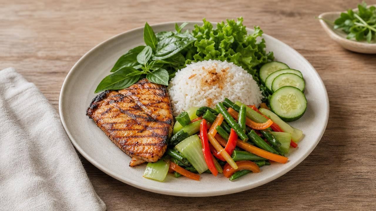 Prato equilibrado inspirado na culinária indonésia com arroz, legumes, peixe e ervas frescas