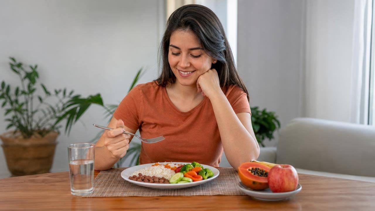 Pessoa adulta fazendo uma refeição equilibrada à mesa, com atenção aos alimentos e ambiente calmo