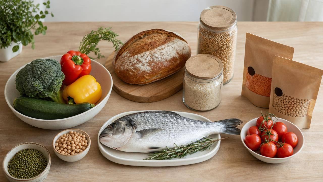 Mesa organizada com alimentos kosher identificados, vegetais, pão, peixe e embalagens com selo de certificação
