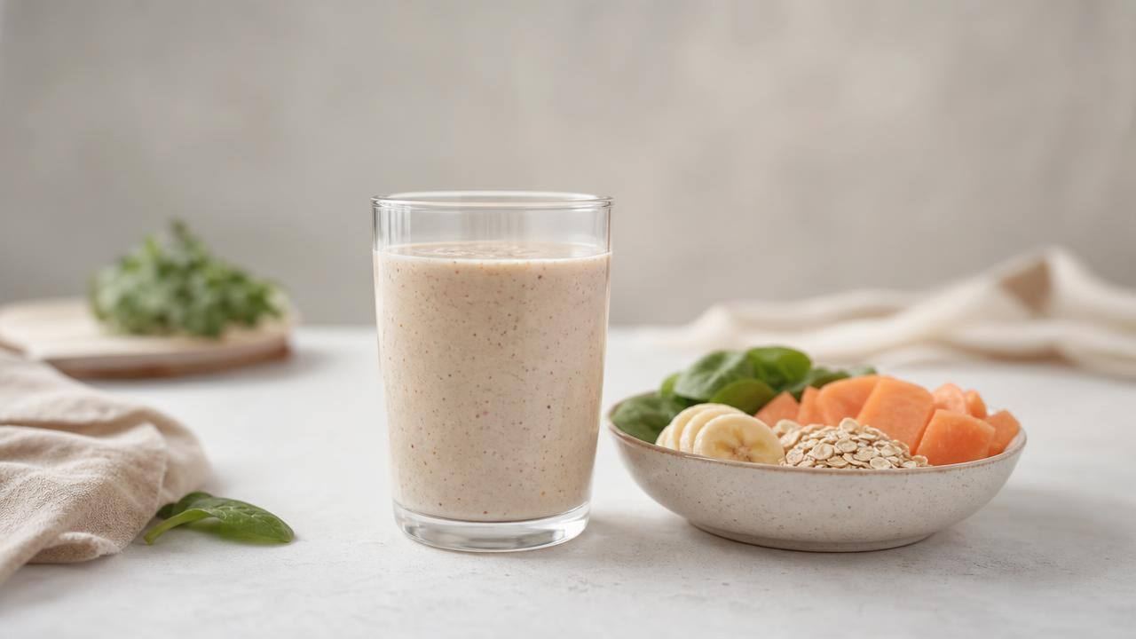 Copo de vitamina natural ao lado de alimentos frescos em mesa clara, representando dieta líquida com abordagem equilibrada