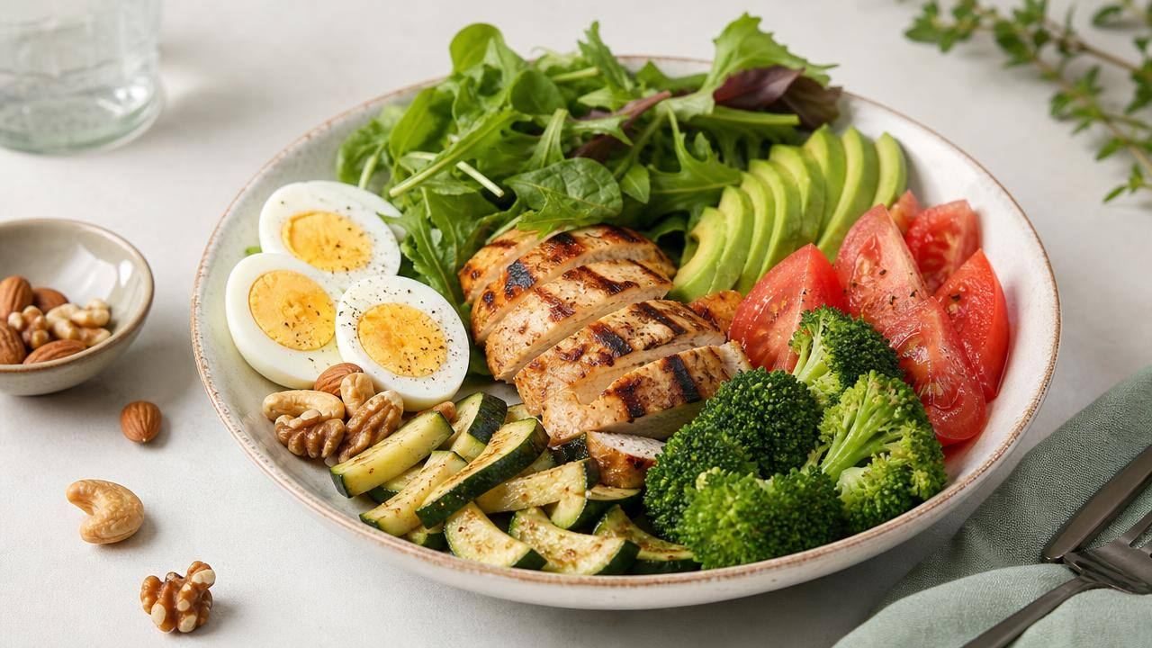 Prato low carb com salada, legumes, ovos, frango grelhado e abacate em uma mesa clara