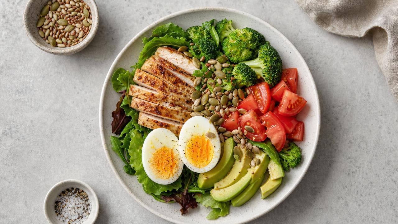 Prato equilibrado para dieta low-carb com salada, legumes, ovos, frango e abacate
