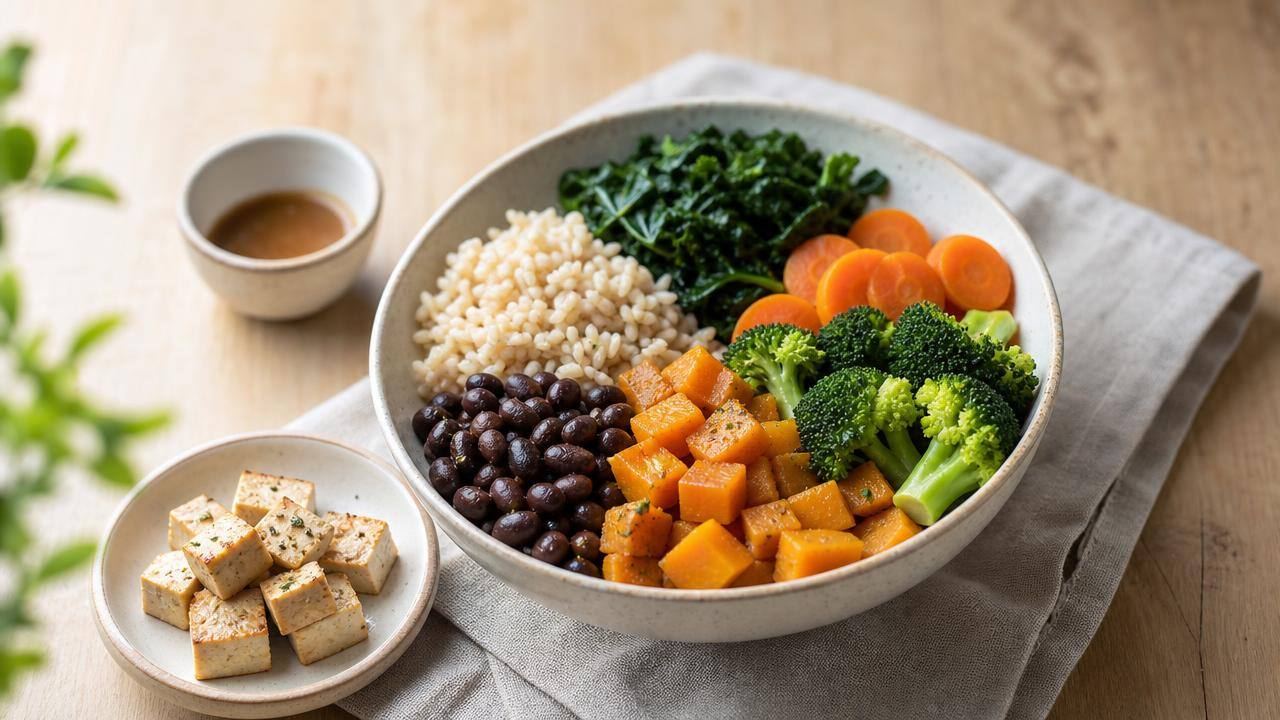Bowl com arroz integral, feijão, legumes cozidos e verduras em composição limpa e editorial