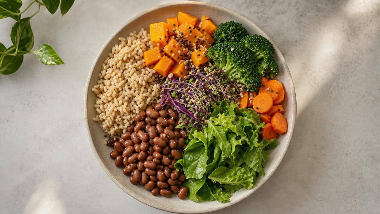 Prato macrobiótico com arroz integral, feijão, legumes cozidos e verduras em composição limpa