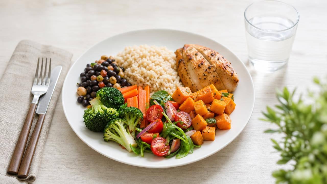 Prato equilibrado com vegetais, grãos e talheres em mesa clara, representando uma alimentação consciente
