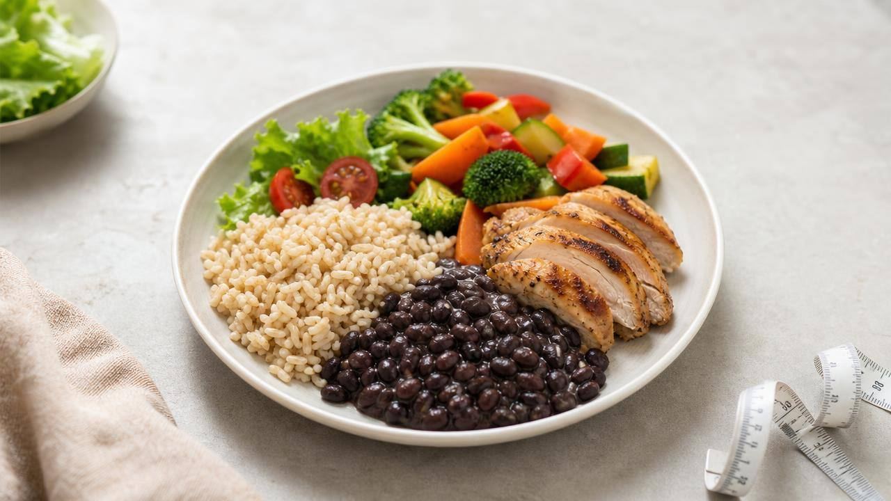 Prato equilibrado com arroz integral, feijão, vegetais e proteína, ao lado de fita métrica, em composição editorial limpa.