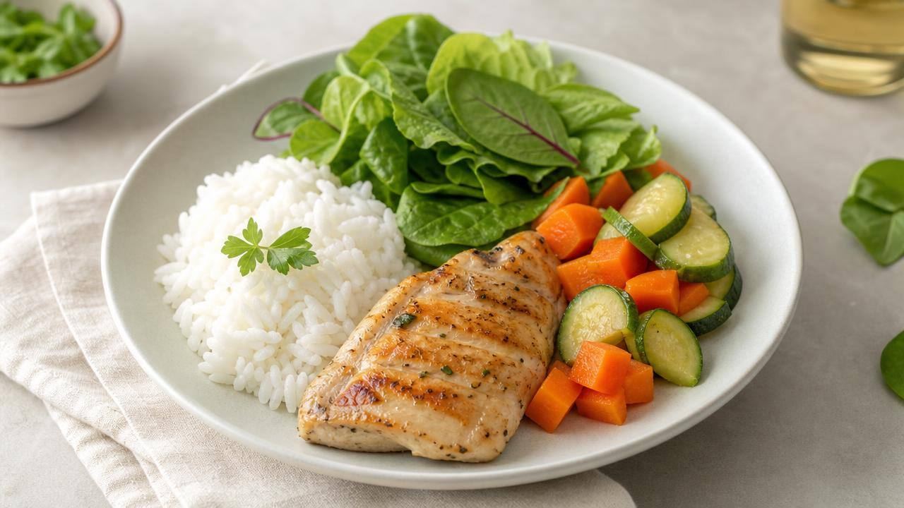 Prato equilibrado com arroz, legumes e proteína, representando uma dieta não fermentativa orientada para o conforto intestinal