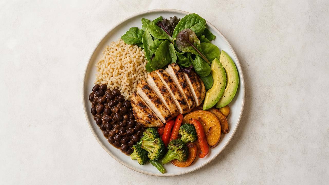 Prato equilibrado com legumes, feijão, arroz integral, frango e salada em mesa clara