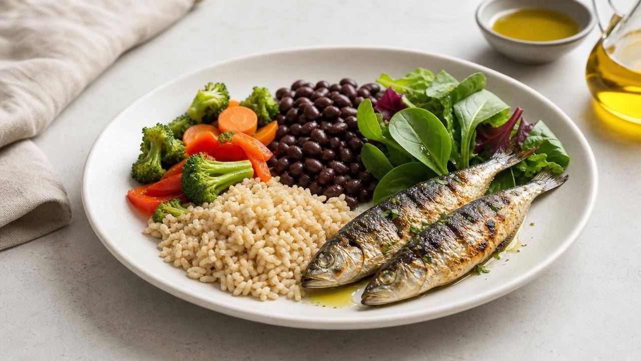Prato equilibrado com legumes coloridos, feijão, arroz integral, peixe e azeite, representando uma dieta para desinflamar o corpo
