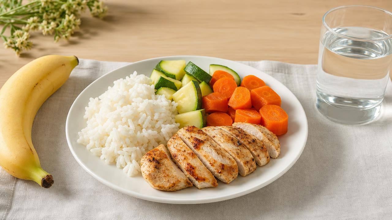 Refeição leve com arroz, legumes cozidos, frango grelhado e banana em mesa clara