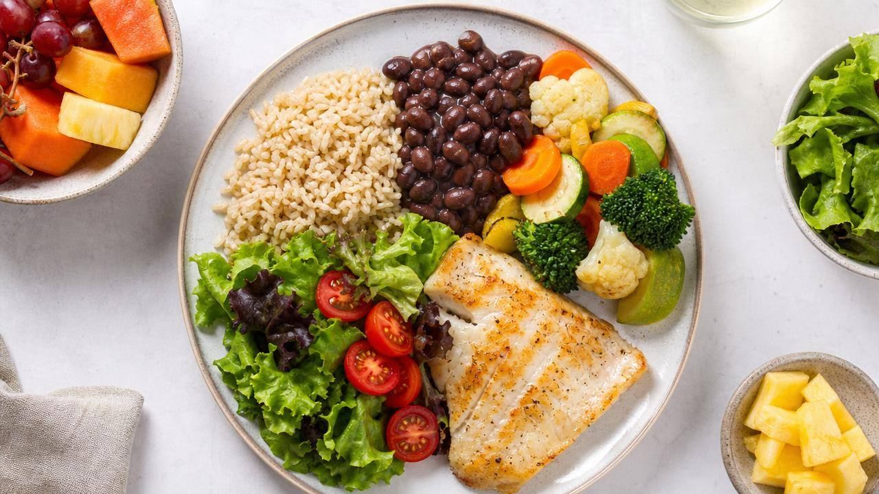 Prato equilibrado com legumes, feijão, arroz integral, peixe e frutas para representar alimentação voltada à saúde do fígado