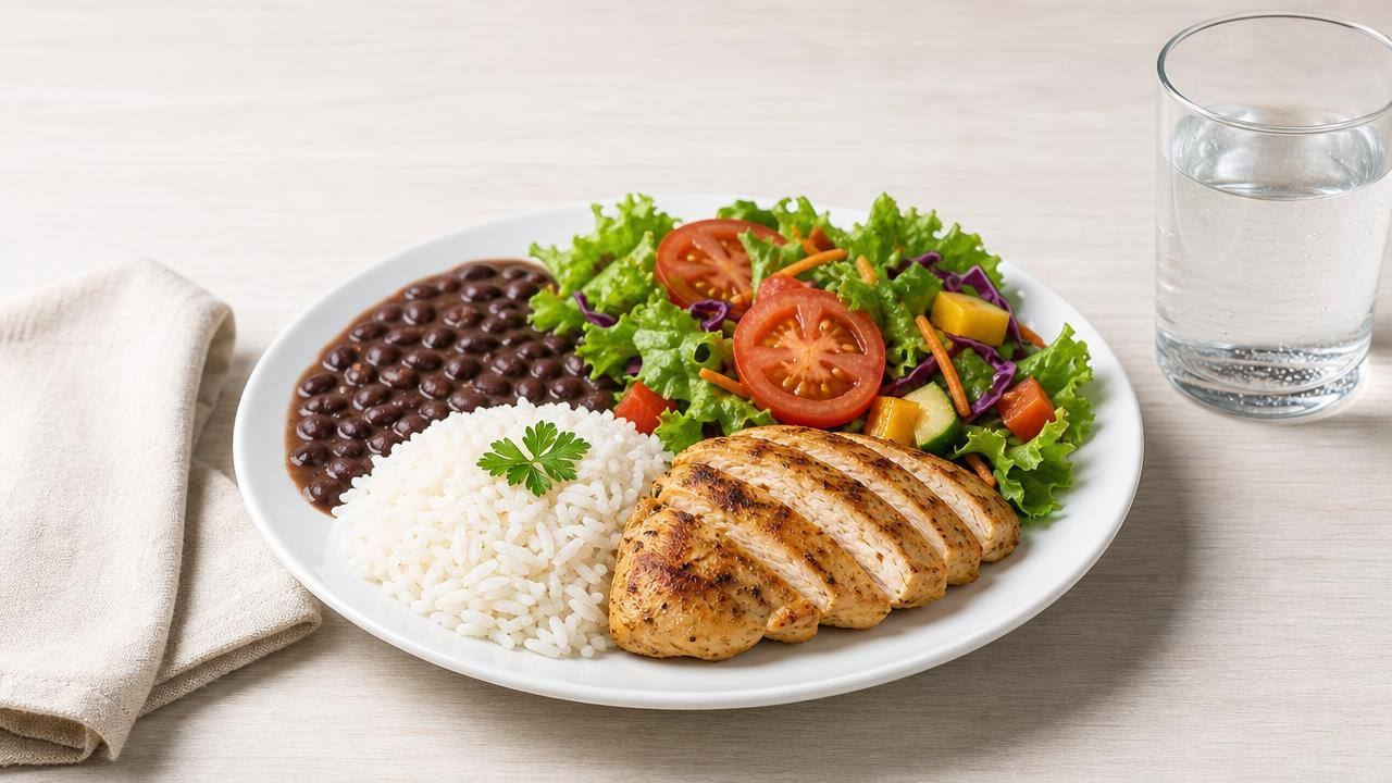 Prato equilibrado com arroz, feijão, salada, legumes e frango, representando uma dieta sustentável para perder barriga.