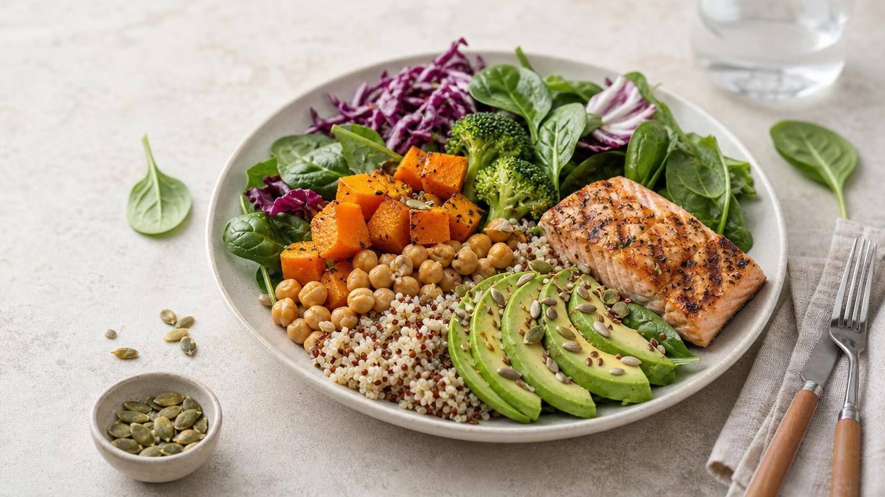 Prato equilibrado com vegetais coloridos, grãos, sementes e pequena porção de peixe, representando a dieta pegan