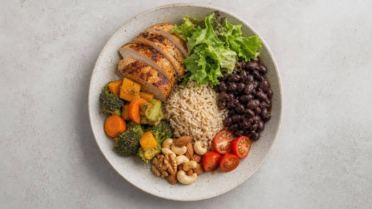 Prato equilibrado com frango grelhado, feijão, arroz integral, salada e legumes