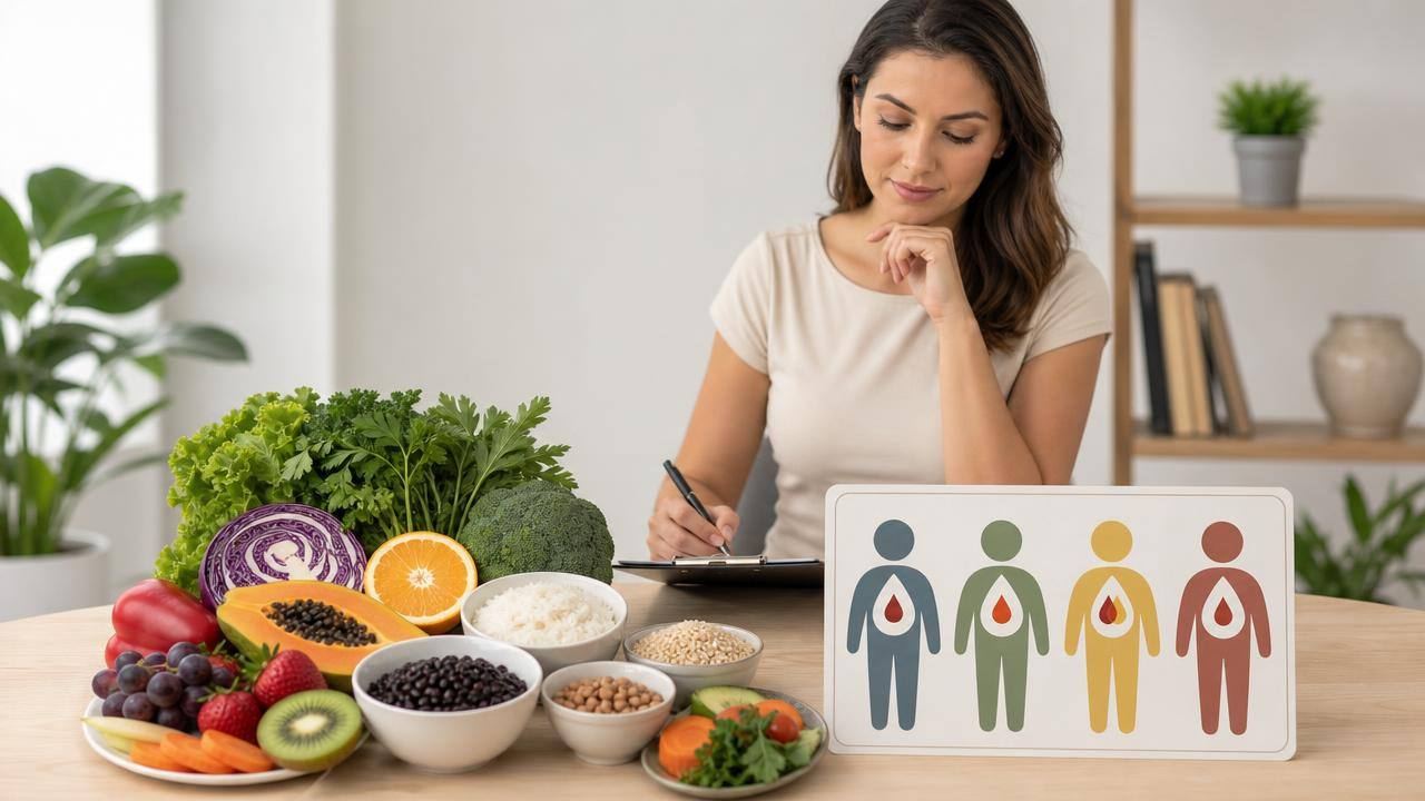 Profissional de nutrição analisando alimentos naturais e uma ilustração discreta de tipos sanguíneos