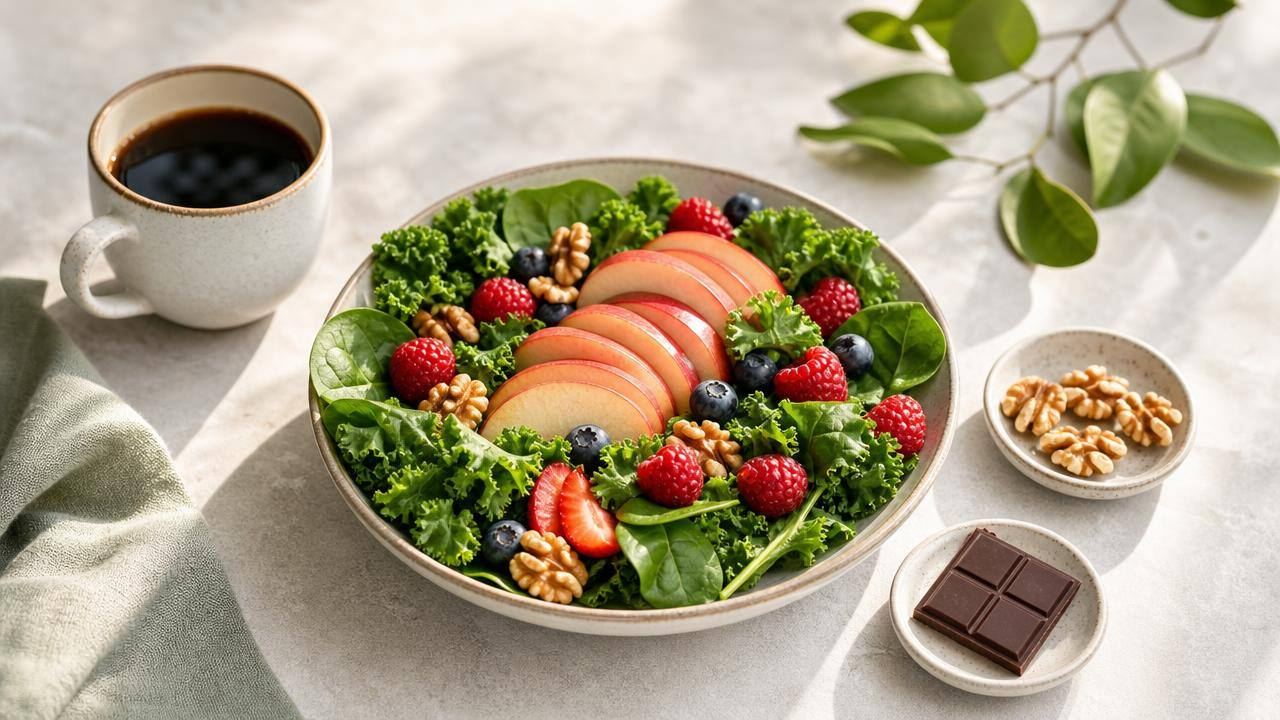 Prato equilibrado com folhas verdes, frutas vermelhas, café e pequeno quadrado de chocolate amargo
