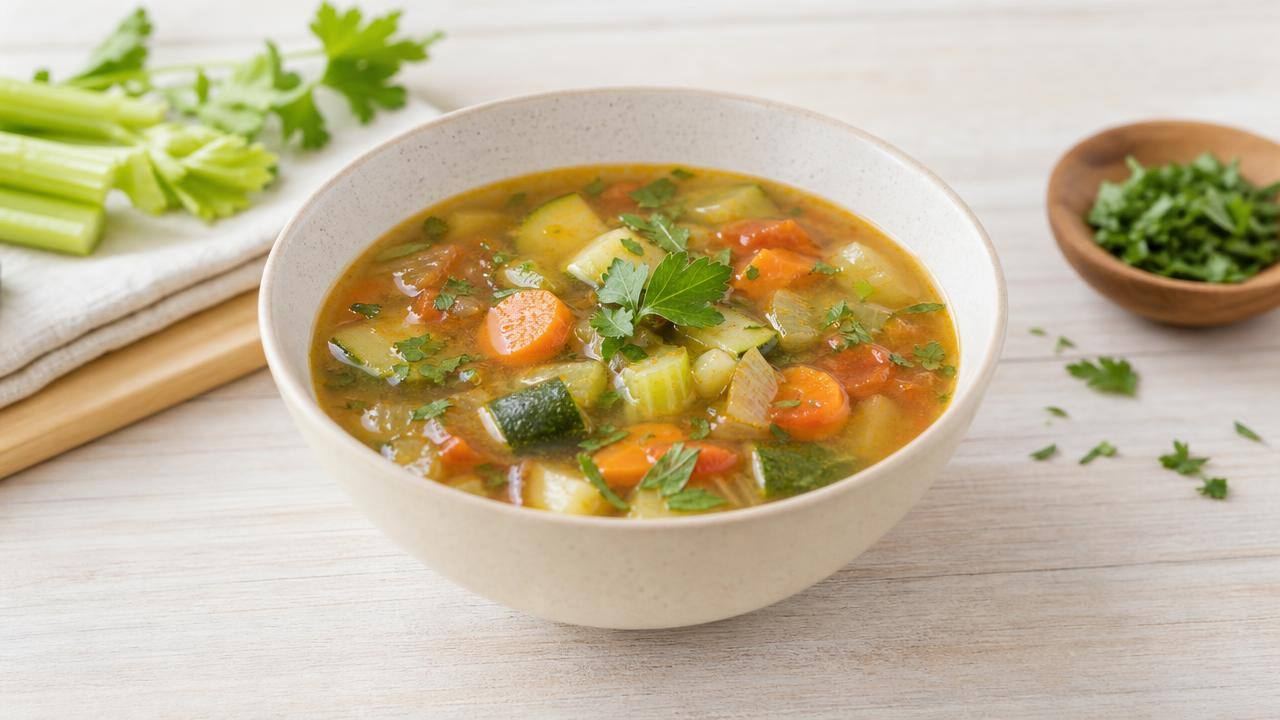Tigela de sopa de aipo com legumes frescos sobre mesa clara