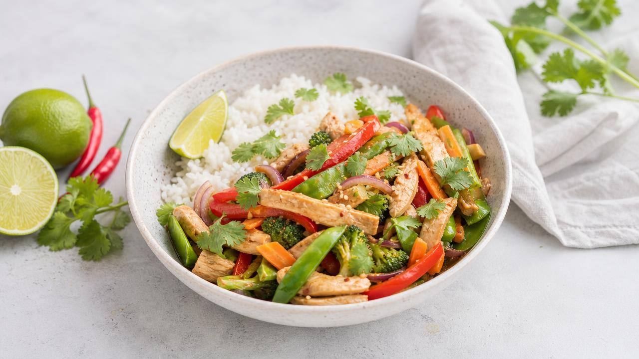Prato inspirado na culinária tailandesa com arroz, legumes coloridos, ervas frescas e proteína magra