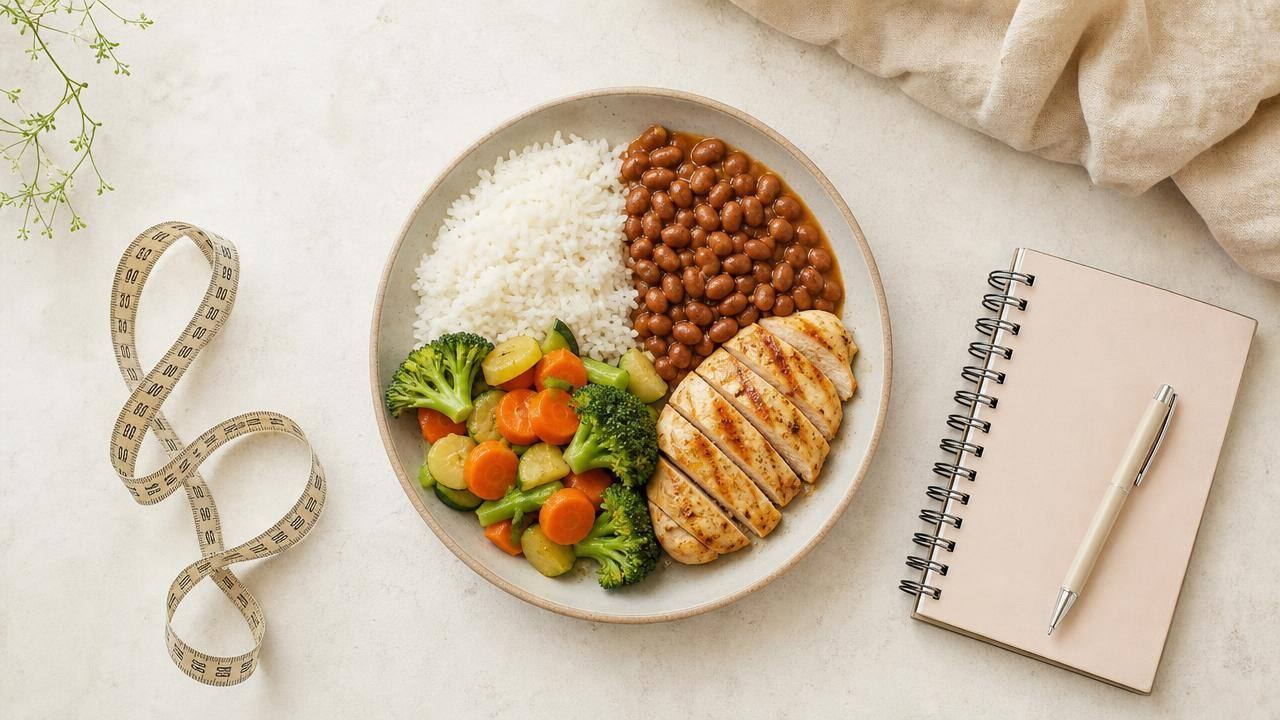 Pessoa avaliando um prato equilibrado com legumes, arroz, feijão e proteína, representando escolhas alimentares seguras para emagrecer.