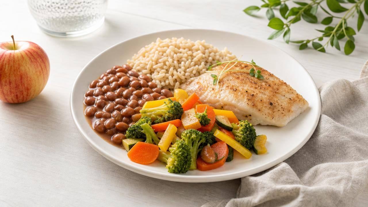 Prato equilibrado com arroz, feijão, peixe, legumes e frutas representando alimentação para tireoidite de Hashimoto