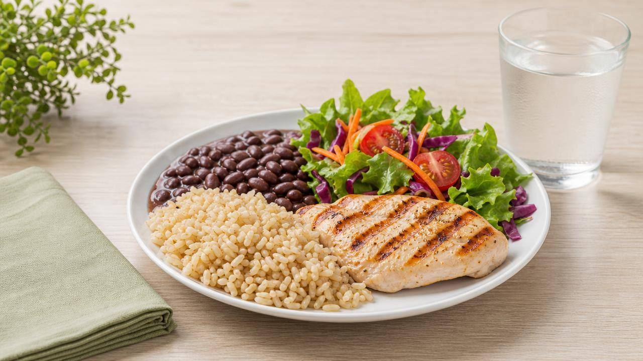 Prato equilibrado com arroz integral, feijão, frango grelhado, salada e legumes sobre mesa clara