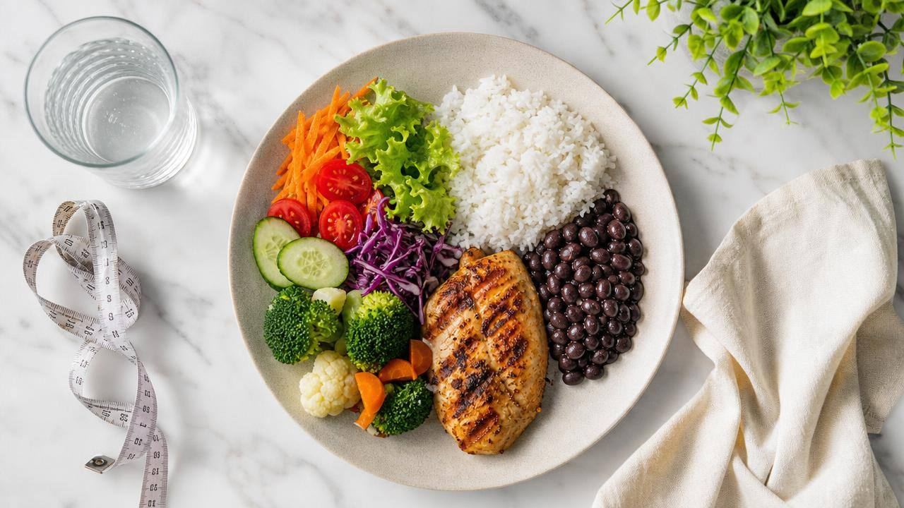 Prato equilibrado com arroz, feijão, salada, legumes e proteína, acompanhado de fita métrica discreta