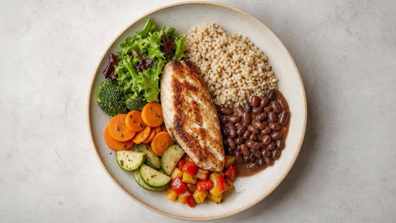 Prato equilibrado com legumes, feijão, arroz integral, salada e peixe, representando dietas saudáveis