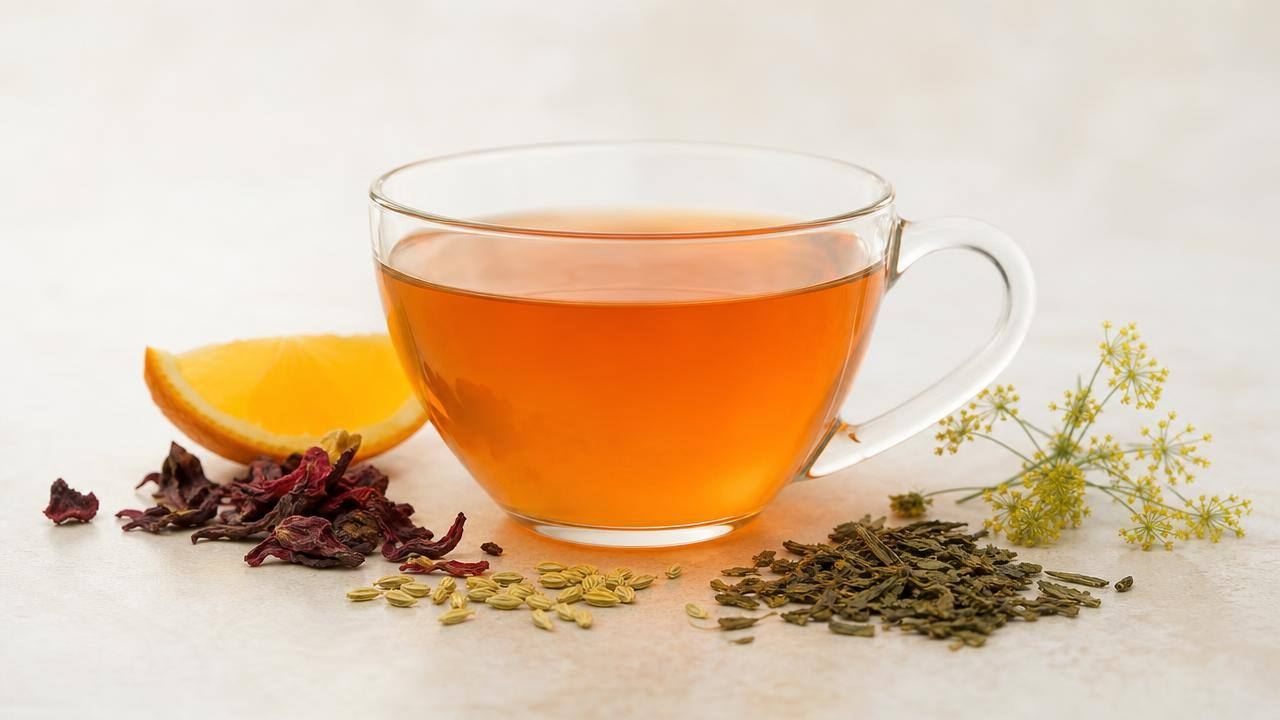 Xícara de chá de ervas com flores de hibisco, folhas verdes e frutas cítricas em composição limpa
