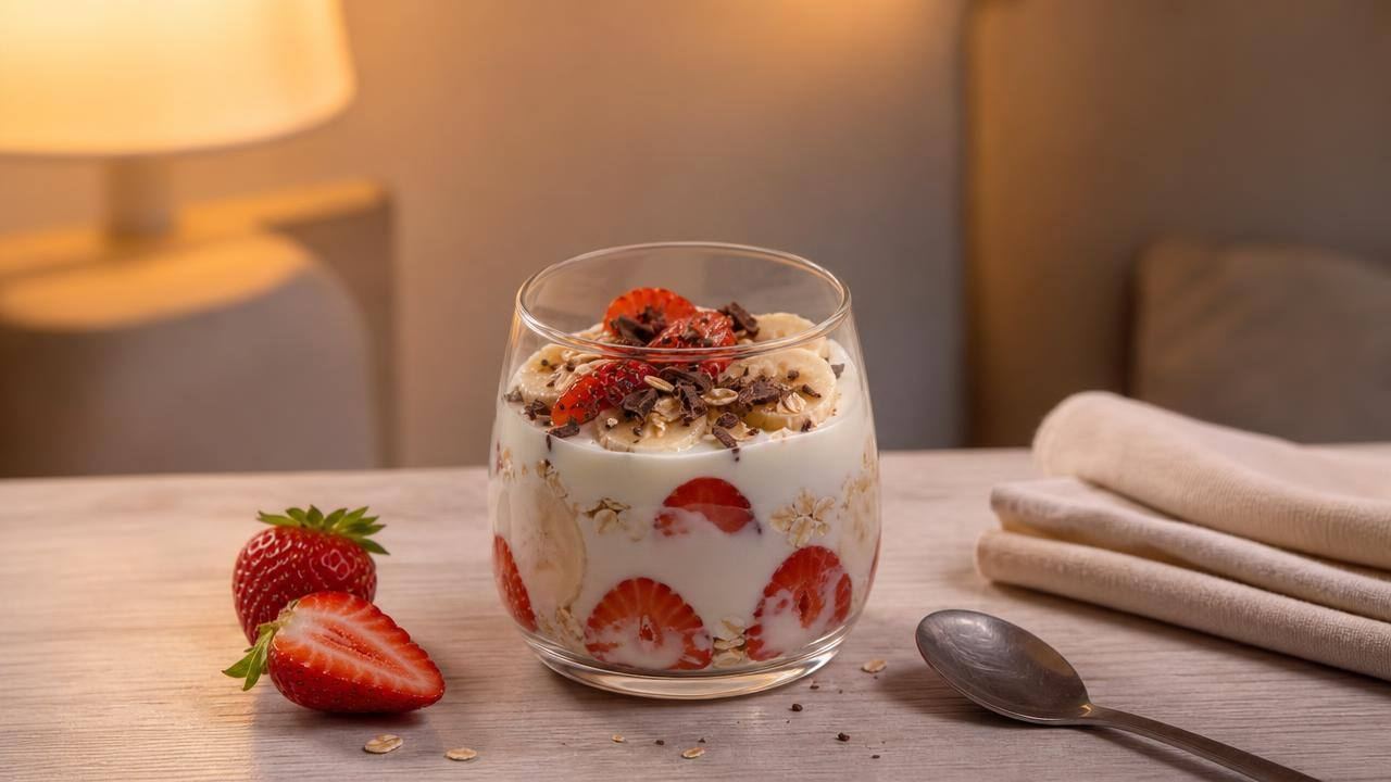 Taça com iogurte natural, frutas vermelhas e raspas de chocolate em mesa clara