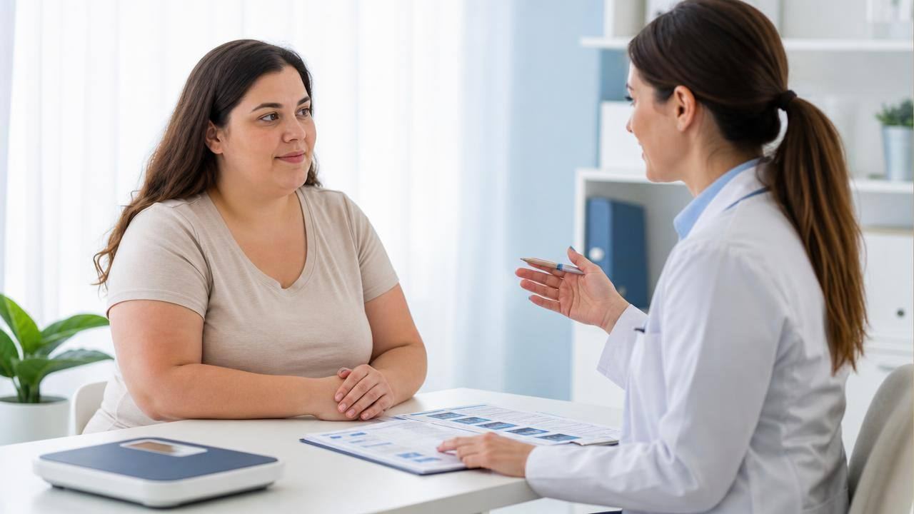 Pessoa em consulta médica analisando o peso e exames de saúde