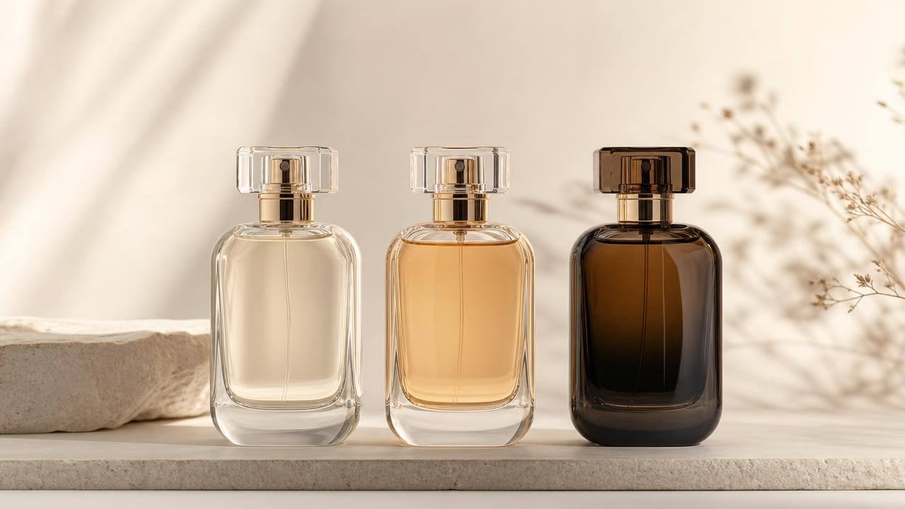 Frascos minimalistas de eau de toilette, eau de parfum e perfume sobre fundo claro