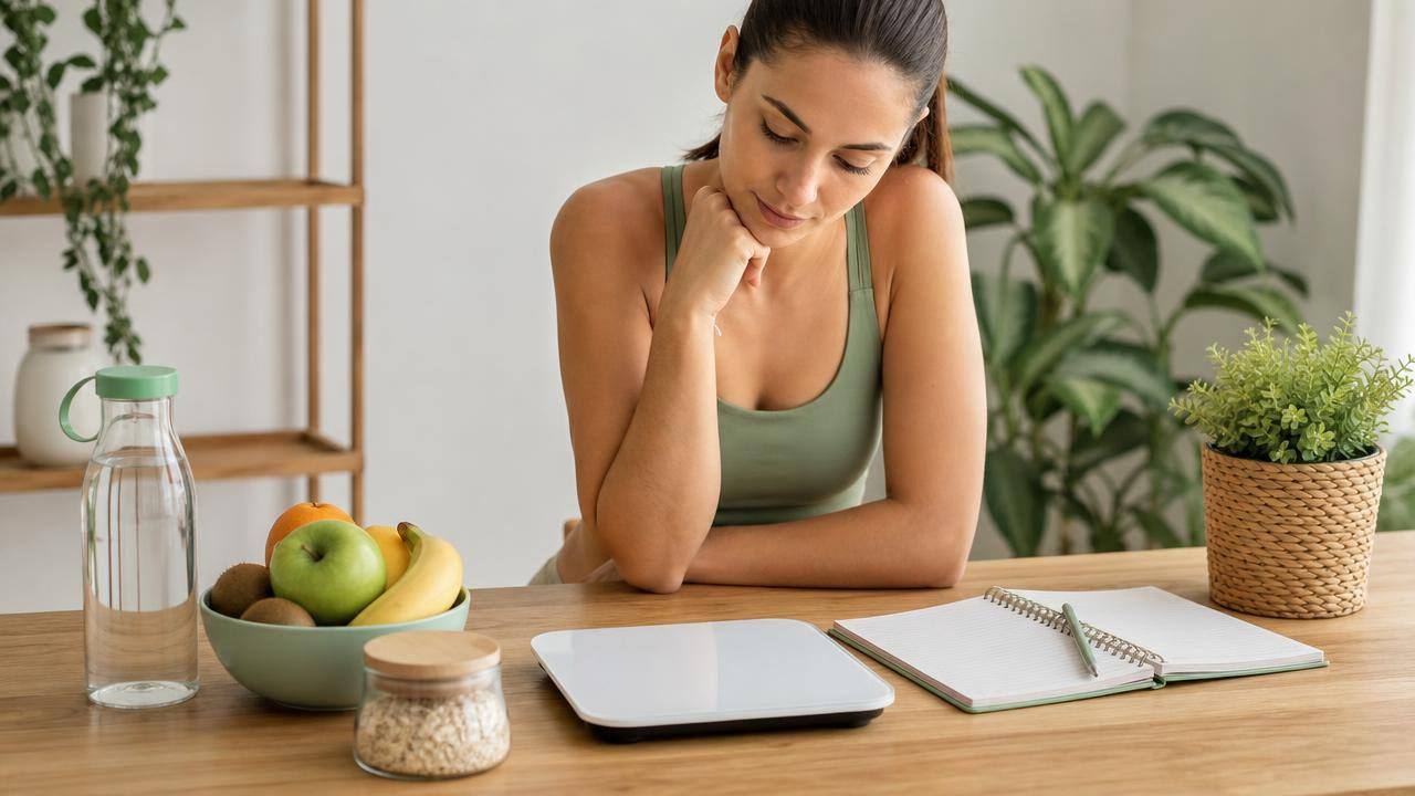 Pessoa avaliando o peso em balança ao lado de um caderno com planejamento alimentar e frutas