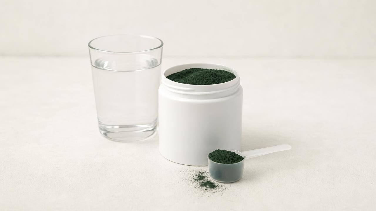 Pote de suplemento de spirulina em pó ao lado de colher medidora e copo com água, em fundo claro e limpo