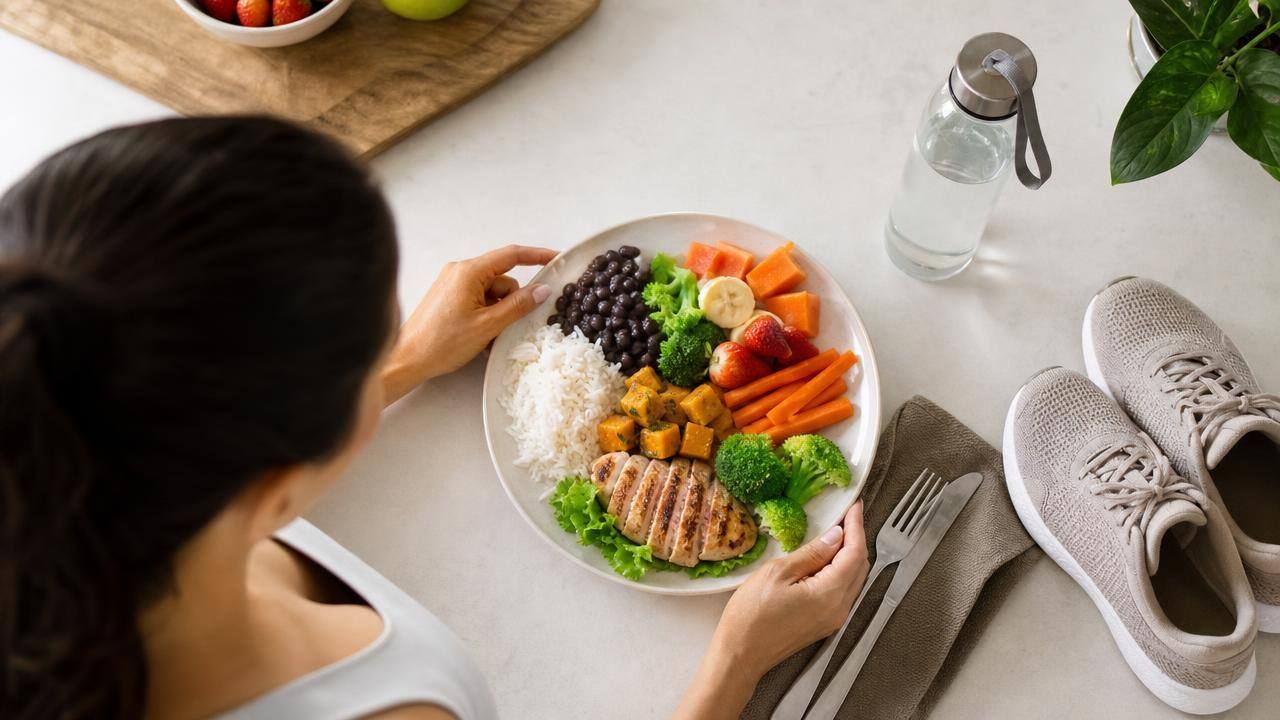 Pessoa adulta organizando uma refeição equilibrada com alimentos frescos e tênis de caminhada ao lado