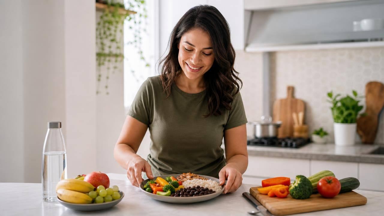 Pessoa preparando uma refeição equilibrada com alimentos frescos em uma cozinha clara e organizada