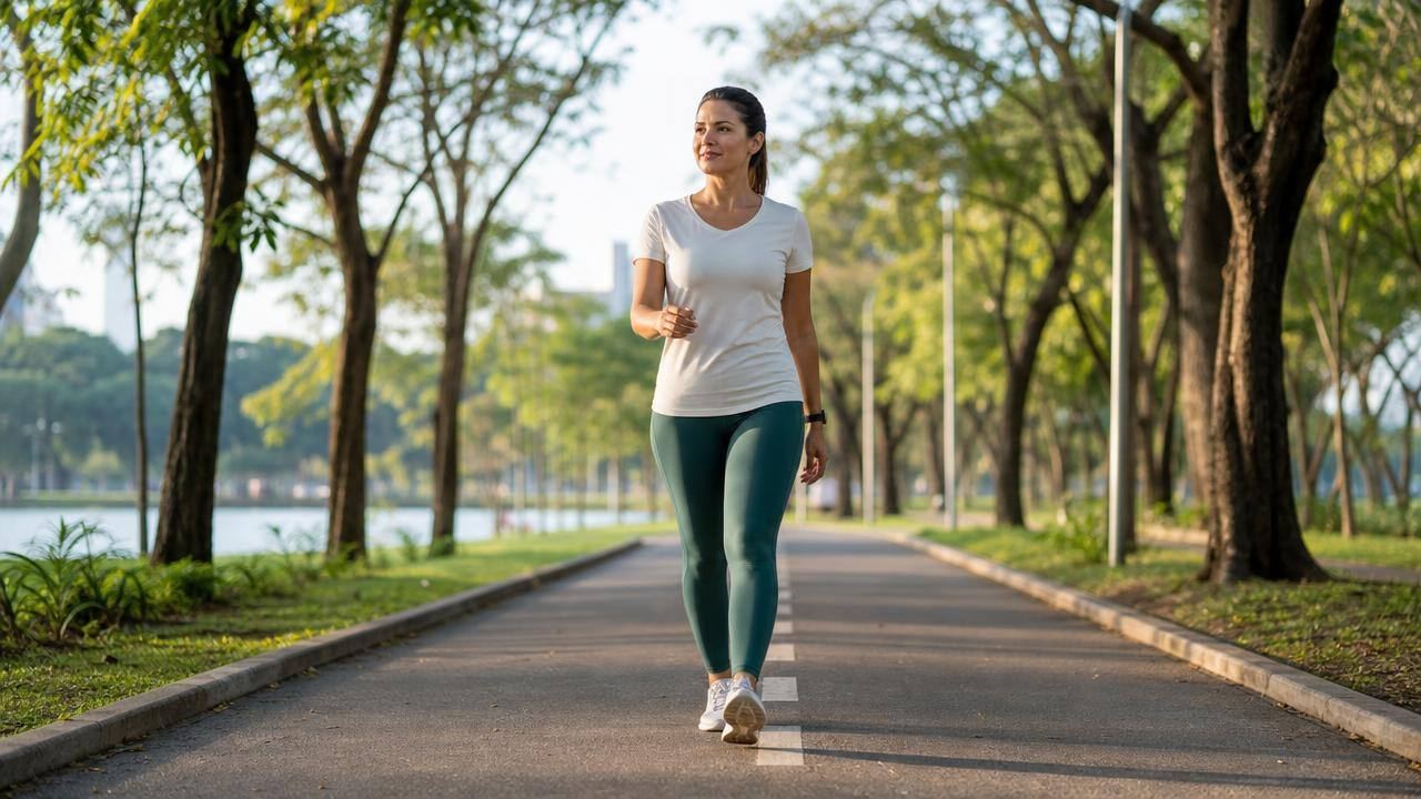 Pessoa adulta caminhando em parque urbano brasileiro, com roupa esportiva e relógio marcando o ritmo da atividade
