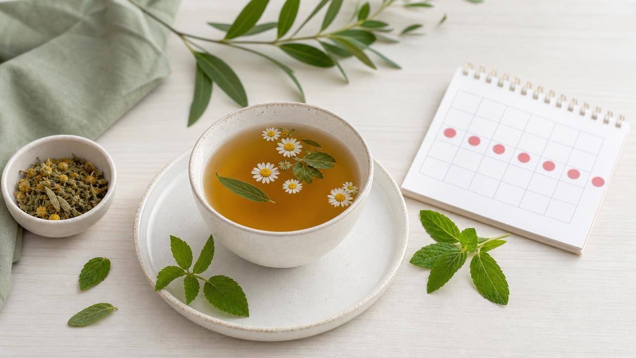 Xícara de chá de ervas ao lado de calendário menstrual e folhas verdes em composição limpa