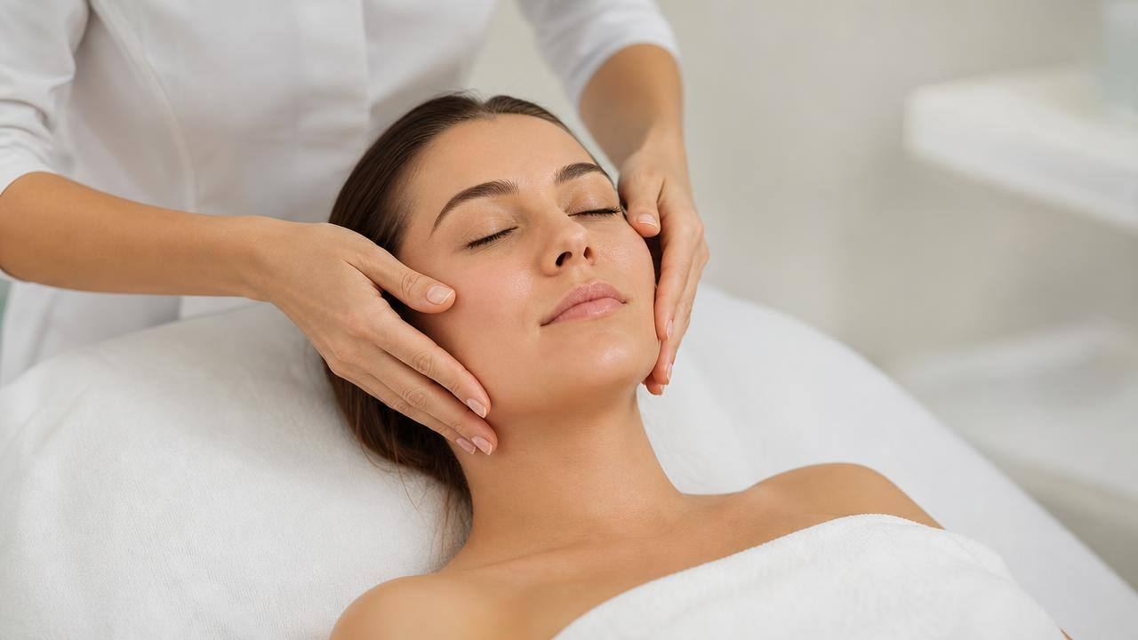 Pessoa recebendo massagem facial suave em ambiente de estética profissional e clean